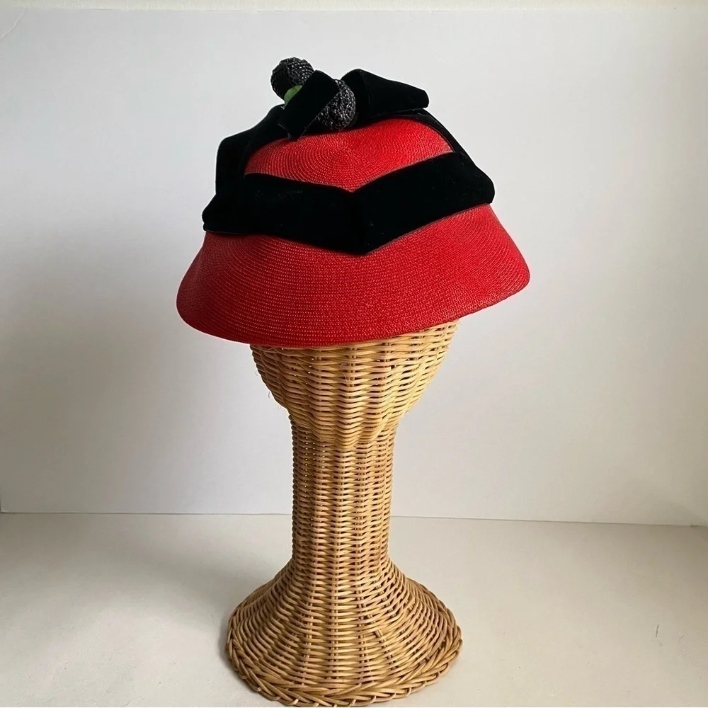 Vintage 50s Gladys & George Originals Pillbox Fascinator Hat Red Black Velvet - Picture 3 of 10